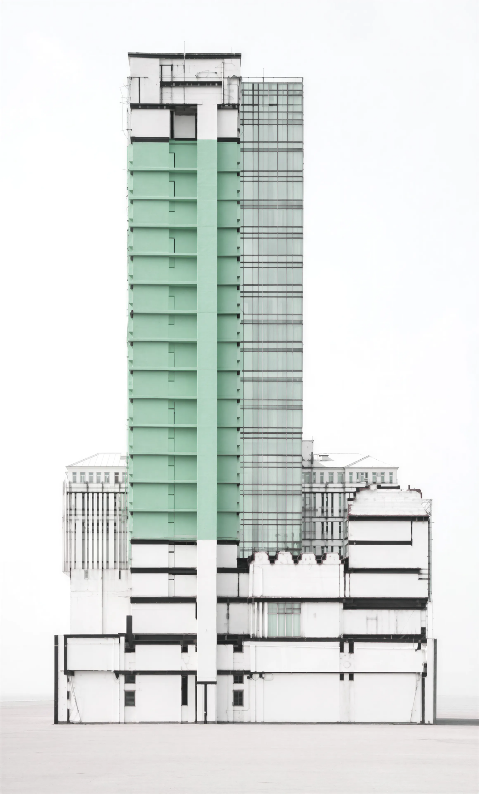 Prospetto della torre RAI con evidenziazione dell’area interessata dalla trasformazione alberghiera