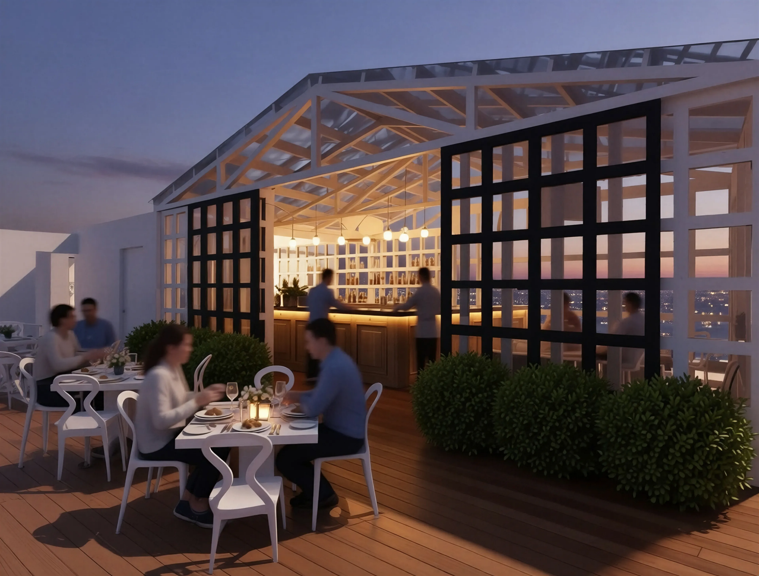 Rendering della sala panoramica di Arte Restaurant con grandi finestre e vista sulla città