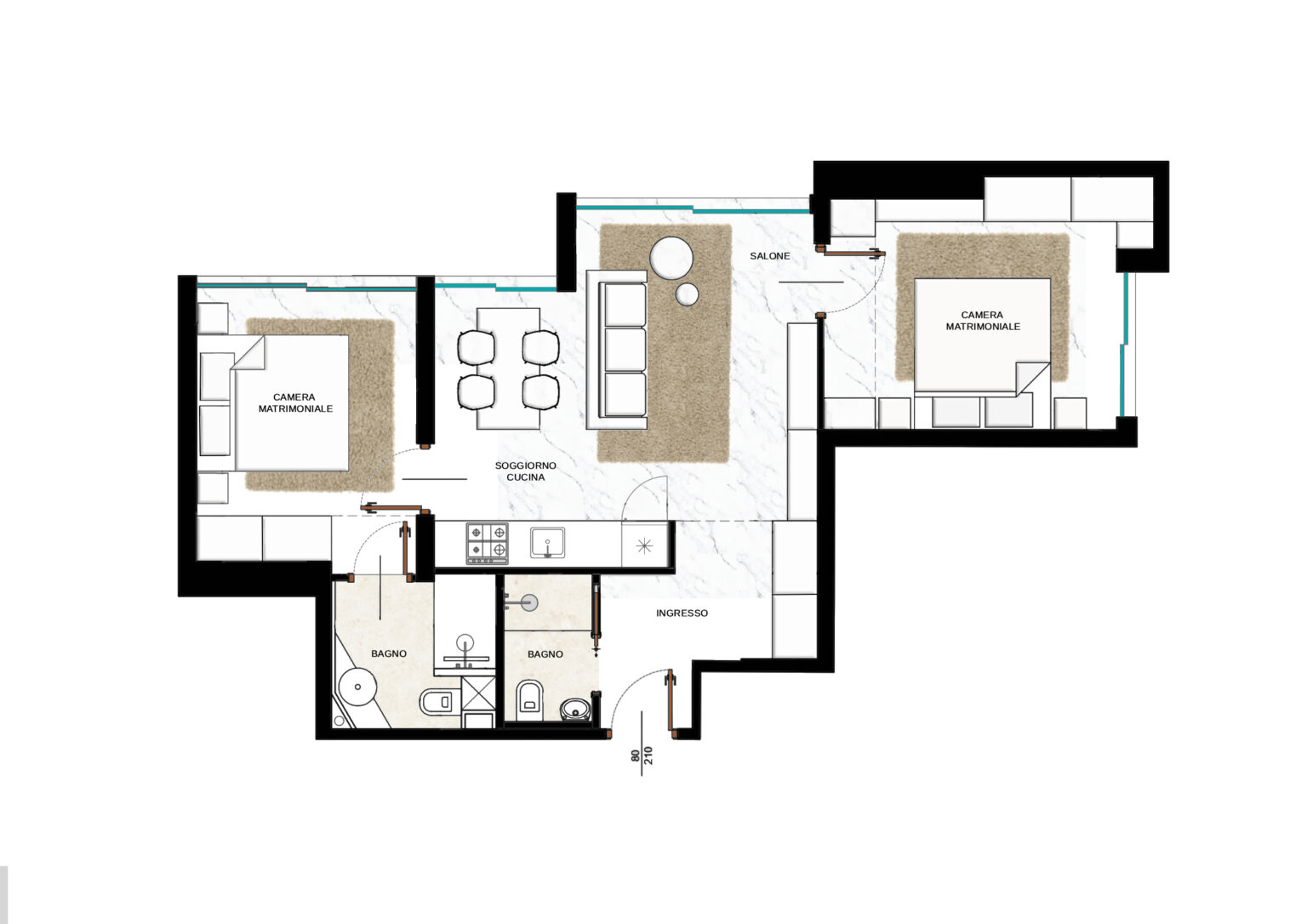 Planimetria dell'Appartamento Le Vallespir II a Montecarlo con distribuzione degli spazi residenziali.